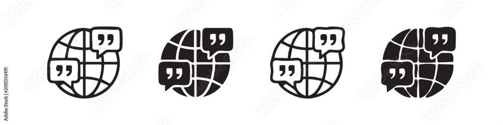 Naklejka premium Global Communication and Language Translation Icon Set - Speech Bubbles on Globe Symbols