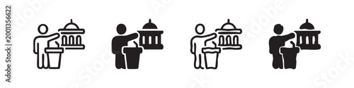 Politician at podium icon: speech, politics, government, and public speaking