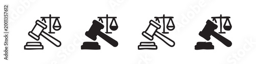 Law and Justice Icon Set with Gavel and Scales of Balance