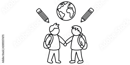 Two school students with pencils and globe line art icon