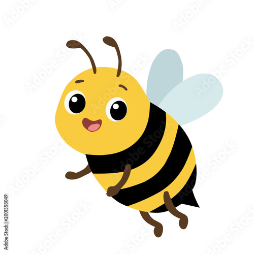 Cute smiling bee cartoon character vector illustration isolated on white background. Adorable flying honey bee mascot design for children, nature education, sticker, logo and print use