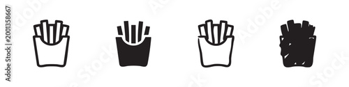 Set of four french fries icons in a carton, line and solid fill