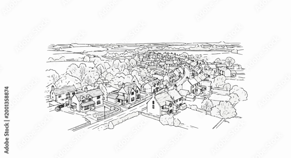 Fototapeta premium Aerial sketch of a quaint village with winding roads and rolling hills