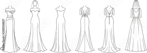 Tableau sur toile Elegant bridal and evening gown technical flat sketches collection featuring lon