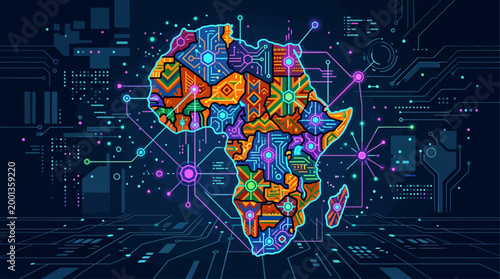 Africa's Dynamic Digital Future A vibrant, stylized map highlighting technological innovation, interconnected networks, and progressive development across the continent