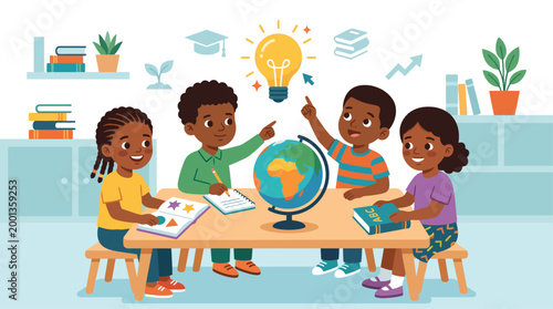 Children in Africa exploring the world and learning about new ideas with a globe and a lightbulb symbolizing innovation