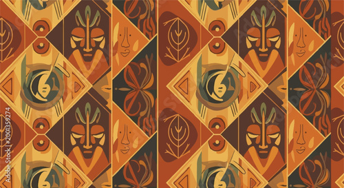 Geometric abstract pattern with masks and botanical elements
