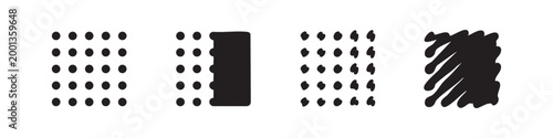 Dotted grid and scribbled rectangle icons, black and white