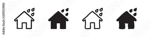 Set of house icons with rain drops, outline and filled, hand-drawn style
