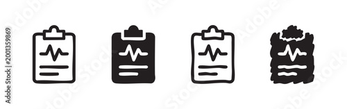 Set of medical clipboard icons with heart rhythm, outline and filled, hand-drawn style