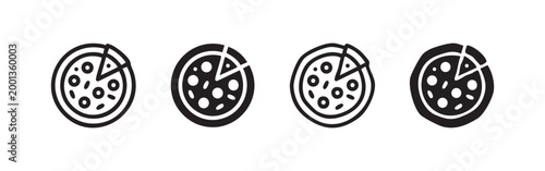 Set of pizza icons, outline and filled, hand-drawn style