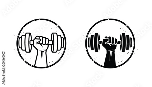 Fitness motivation icon set featuring hand gripping dumbbell inside textured circle for gym branding and health