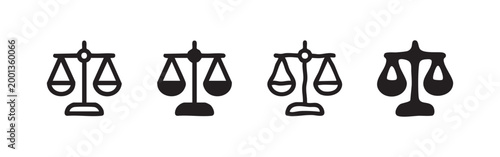Set of scales of justice icons, outline and filled, hand-drawn style