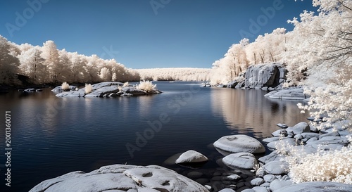 Infrared landscape photography of a serene lake surrounded by white foliage and rocky shores under a clear blue sky