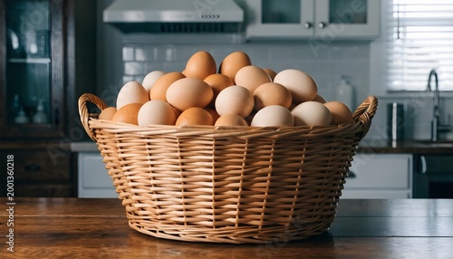 Woven Basket Full of Fresh Chicken Eggs on Rustic Surface, Organic Farm Eggs in Traditional Handcrafted Basket, Natural Food Photography, Agriculture Concept