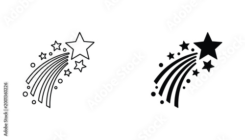 Shooting star and celestial sparks vector icon set in line art and solid black silhouette styles isolated on white background for space magic and night sky design