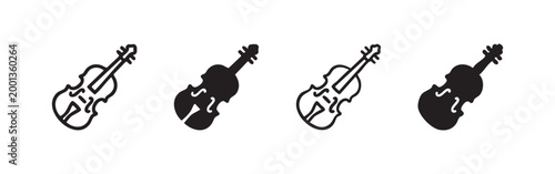 Four violin icons, musical instrument, classical music, black and white