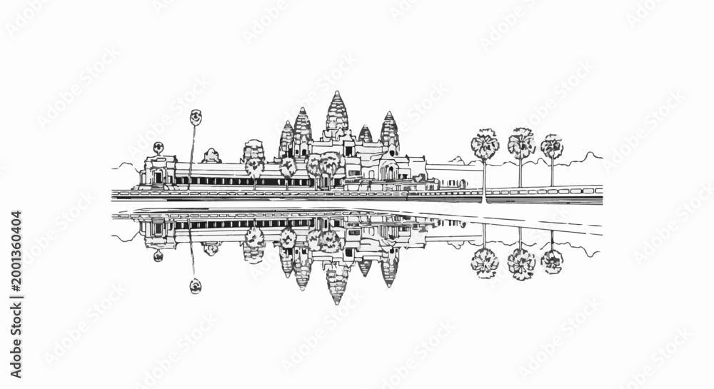 Fototapeta premium Ancient temple complex reflected in calm water, sketch art