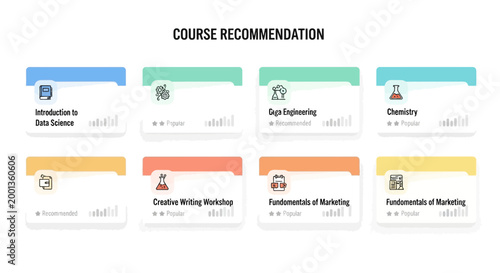 Course recommendation icons, educational course templates, learning path vector graphics, infographic elements