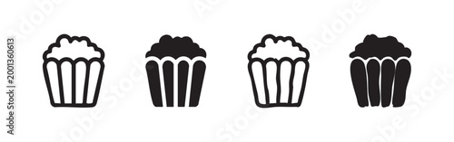 Four popcorn icons, snack, movie, cinema, black and white
