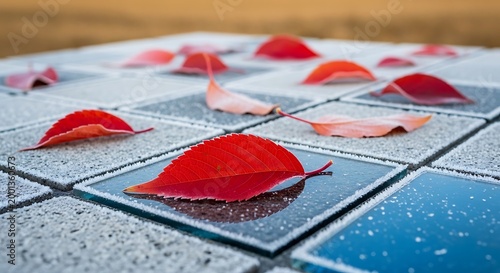 Vibrant red autumn leaves resting on a frosty, gridpatterned surface of stone and glass tiles