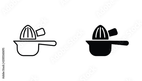 Citrus fruit manual hand juicer kitchen tool vector icon set in outline and solid black styles for cooking design elements