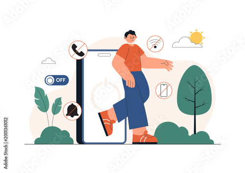 Digital Detox Vector Illustration Featuring Screen Time Reduction, Offline Lifestyle, Smartphone Disconnection, Relaxation, Outdoor Activity Design