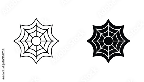 Spooky spider web icon set in outline and solid black silhouette for Halloween and horror themed digital design or party invitations