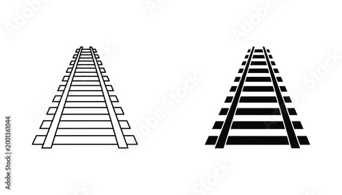 Perspective railway track icon set in outline and solid black silhouette for travel and transportation themed digital design and branding
