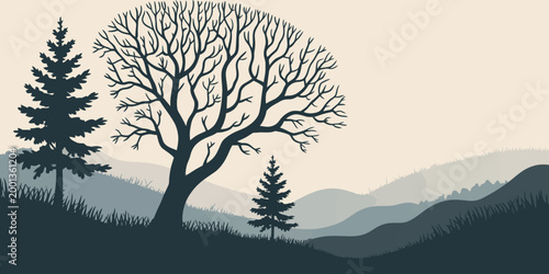 A serene landscape with trees on a hillside vector illustration