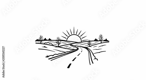 A winding road leads towards a bright sun over rolling hills and bare trees