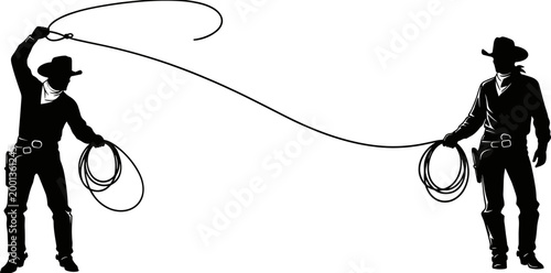 Cuadro en lienzo Black vector silhouette of western American cowboys holding and throwing lasso rope, wearing traditional hats for rodeo ranch design illustration