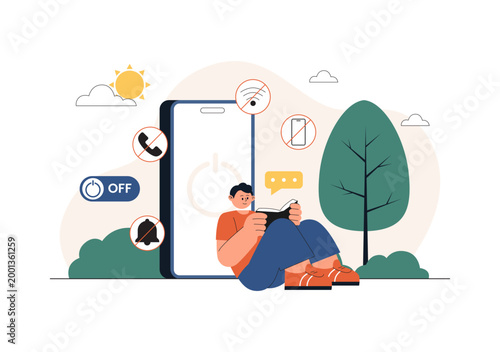 Digital Detox Vector Illustration Featuring Screen Time Reduction, Offline Lifestyle, Smartphone Disconnection, Relaxation, Outdoor Activity Design