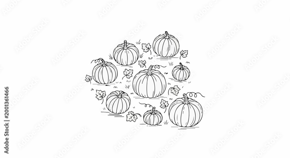 Fototapeta premium Black and white sketch of various sized pumpkins scattered among leaves and grass