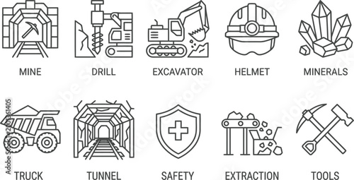 Mining and Construction Outline Icon Set with Tools and Equipment