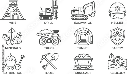 Mining Industry Outline Icon Set: Industry, Equipment, and Safety Symbols