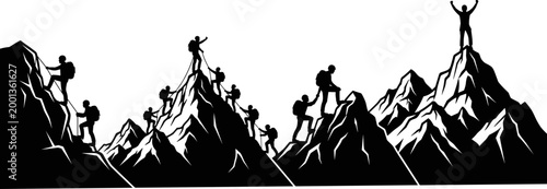 Fotografía Set of black vector silhouettes featuring mountaineers climbing up mountains and reaching the peak for teamwork and success concept