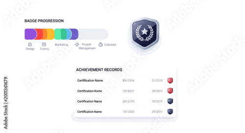 Badge progression, achievement records, certification icons, vector set