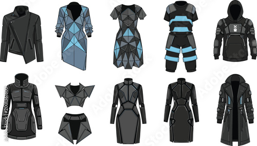 Obraz na plátně Futuristic clothing set with armored jackets dresses and tactical outfits featur