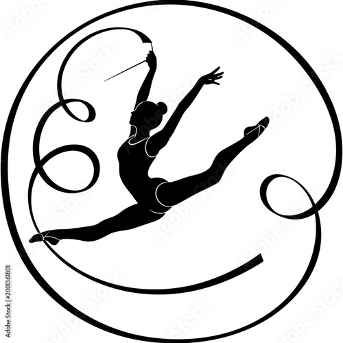 Black and white vector silhouette of a rhythmic gymnast performing a graceful leap with a long flowing ribbon inside a circular frame.