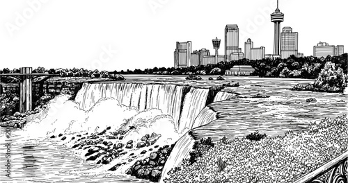 Wide panoramic black and white line art vector illustration of Niagara Falls with the city skyline and Skylon Tower in the background.
