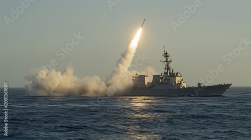 Naval Destroyer Conducts Missile Launch During Military Exercise on Open Water