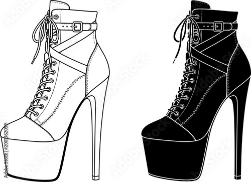 Black and white vector silhouette and line art illustration of high heel platform ankle boots with buckle straps and a lace-up front.
