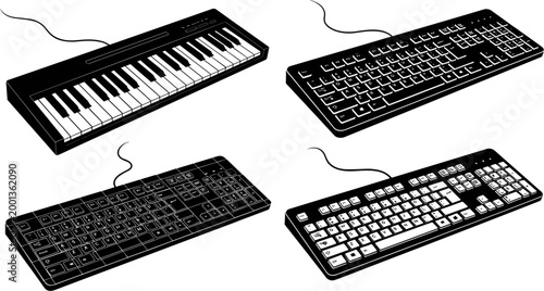 Wide panoramic black and white vector illustration set of computer keyboards and a musical piano keyboard with connection cables.
