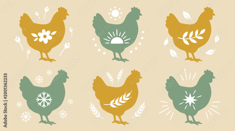 Fototapeta premium Stylized chicken silhouettes with seasonal and nature motifs for organic farming branding and agricultural marketing materials