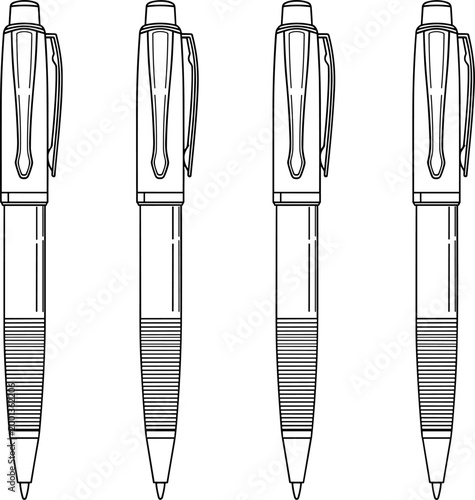 Black and white line art vector illustration of four identical ballpoint pens arranged vertically on a clean white background design.