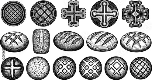 Collection of vintage black and white vector line art illustrations featuring artisanal bread loaves and decorative baking scoring top patterns.