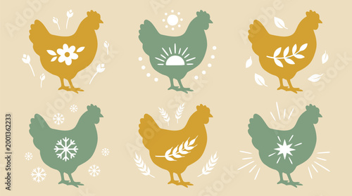 Stylized chicken silhouettes with seasonal and nature motifs for organic farming branding and agricultural marketing materials