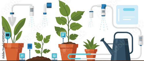 Smart automated irrigation system for indoor plants featuring sensors and watering technology for modern home gardening and urban farming vector illustration.