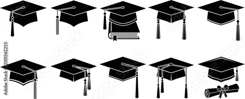 Wide panoramic black and white vector silhouette set of graduation caps with tassels diploma scroll and academic books for education.
